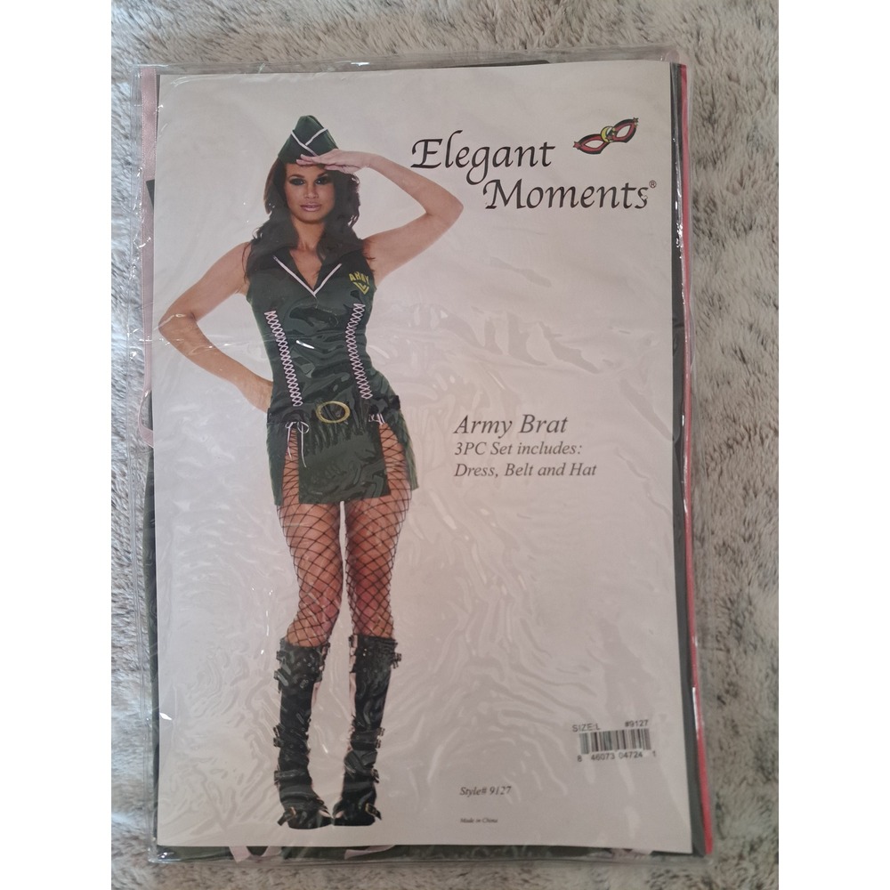 Elegant Moments Army Brat 3PC Halloween Costume‎ Green Dress Belt Hat size Large